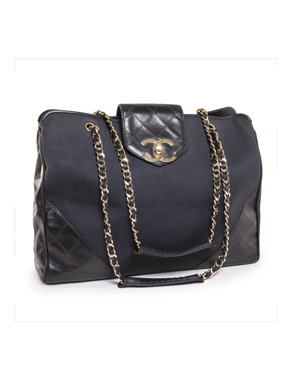 Sac vintage CHANEL toile et cuir noir