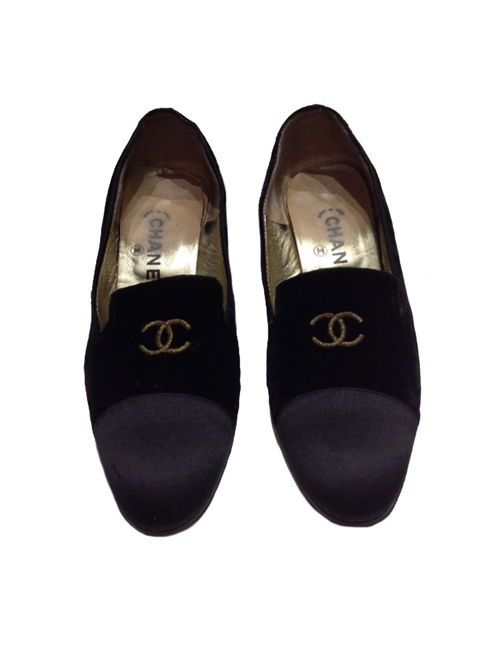 Richelieu CHANEL Couture en panne de velours et satin noir CC brodé