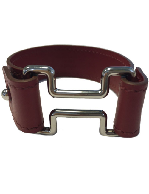 Bracelet HERMES en cuir rouge bijouterie argentée