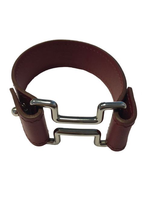 Bracelet HERMES en cuir rouge bijouterie argentée