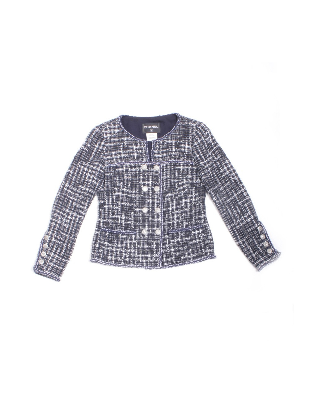 Veste CHANEL T 36 Tweed bleu marine et blanc