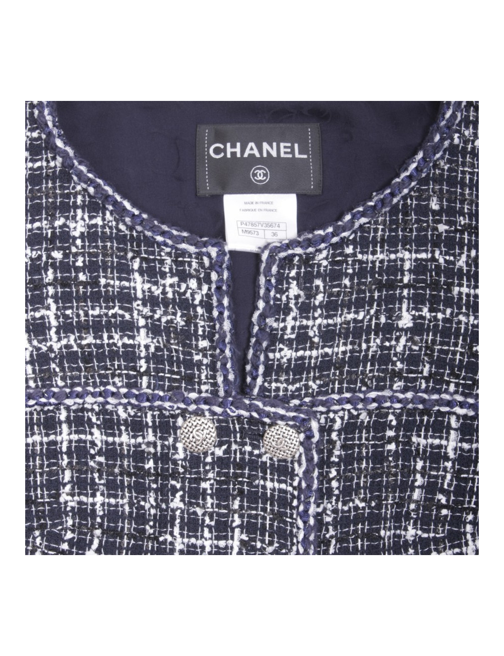 Veste CHANEL T 36 Tweed bleu marine et blanc
