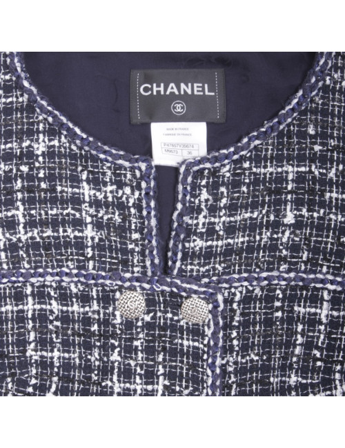 Veste CHANEL T 36 Tweed bleu marine et blanc