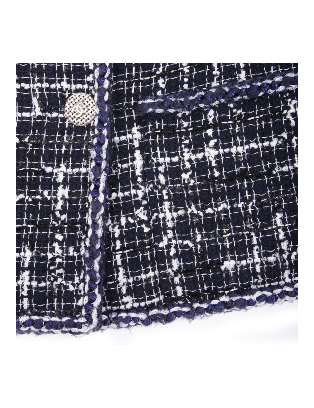 Veste CHANEL T 36 Tweed bleu marine et blanc