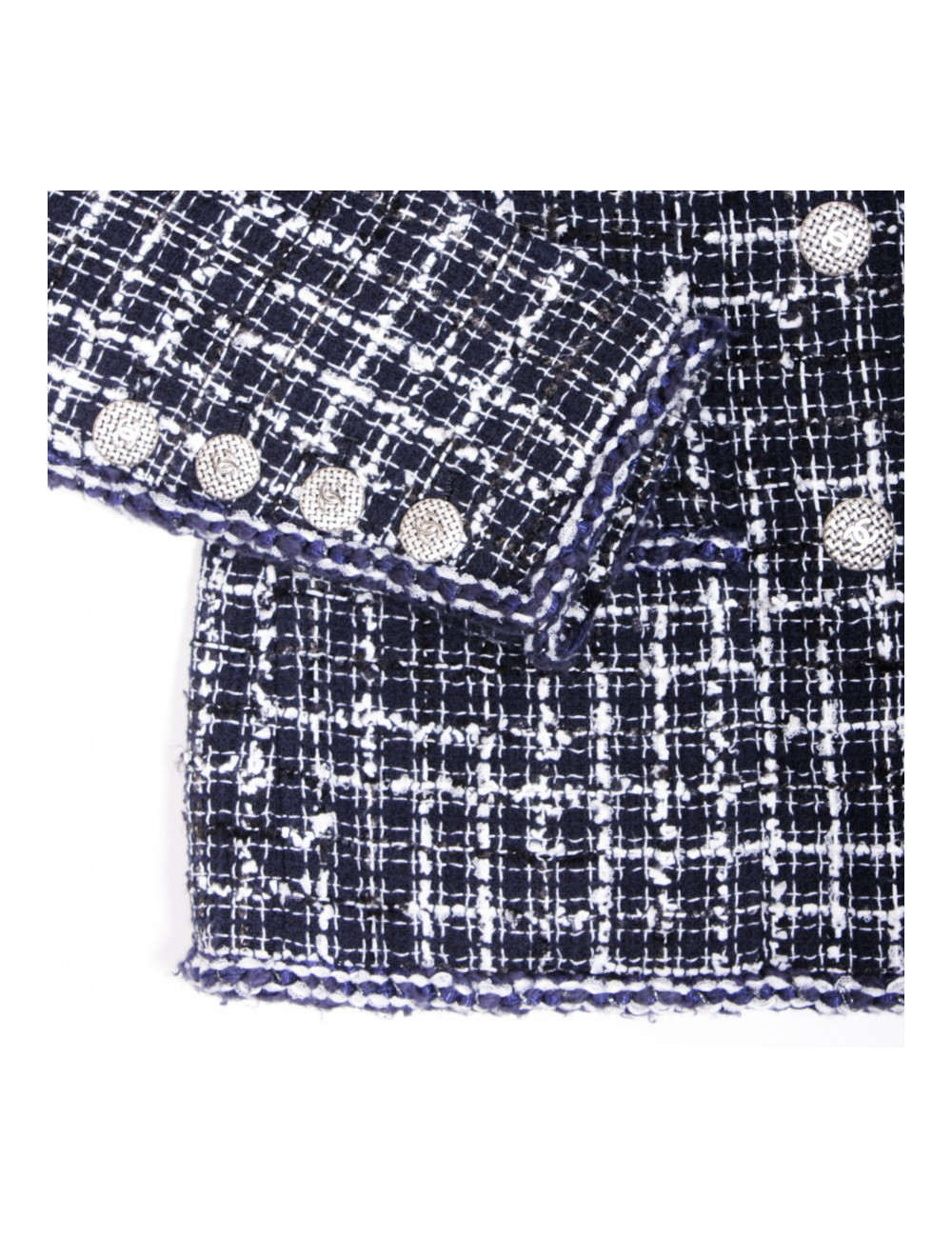 Veste CHANEL T 36 Tweed bleu marine et blanc