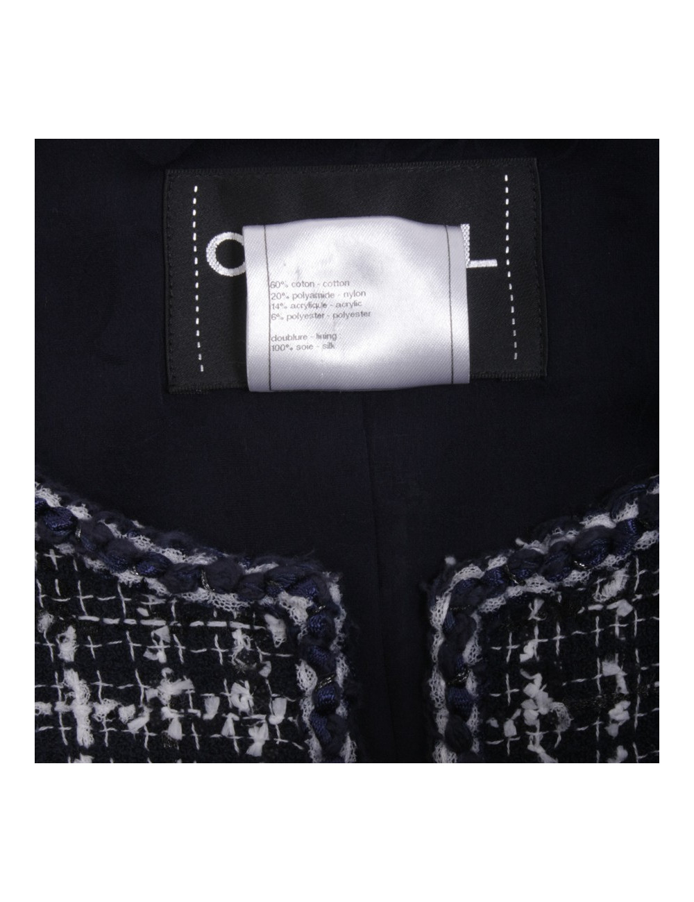 Veste CHANEL T 36 Tweed bleu marine et blanc