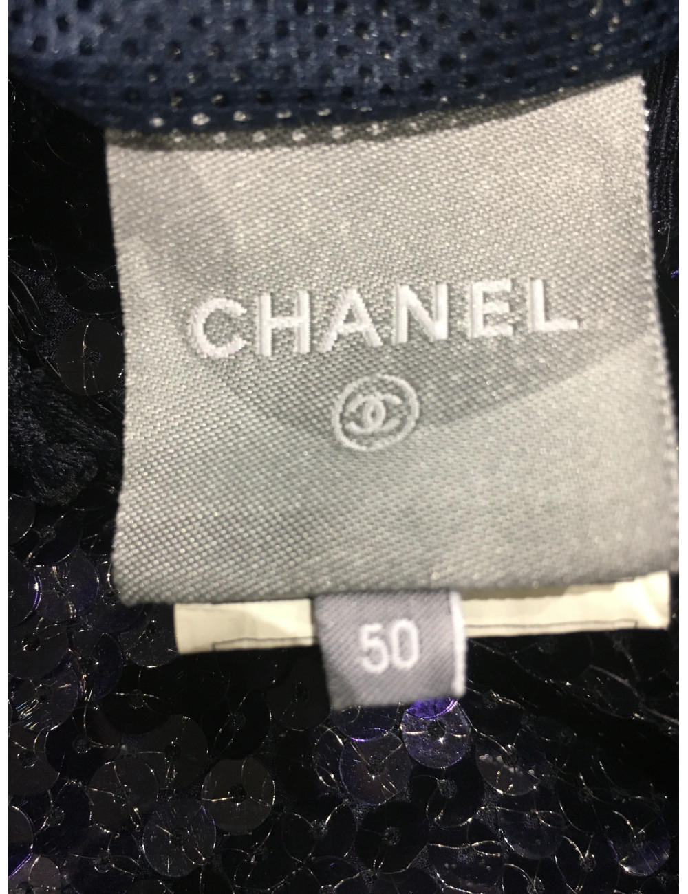 Blouson CHANEL T 50 sequins bleu marine