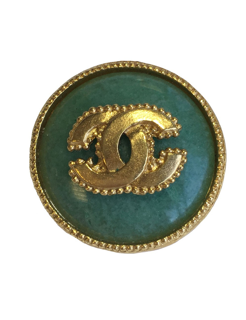 CHANEL round brooch in gilded metal and jade color semi precious stone