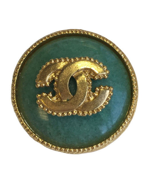 CHANEL round brooch in gilded metal and jade color semi precious stone