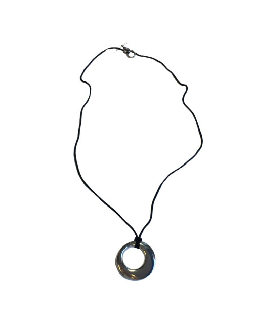 HERMES silver pendant necklace and black fabric link
