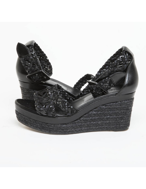 Sandales Hautes HERMES T 37 cuir tressé noir