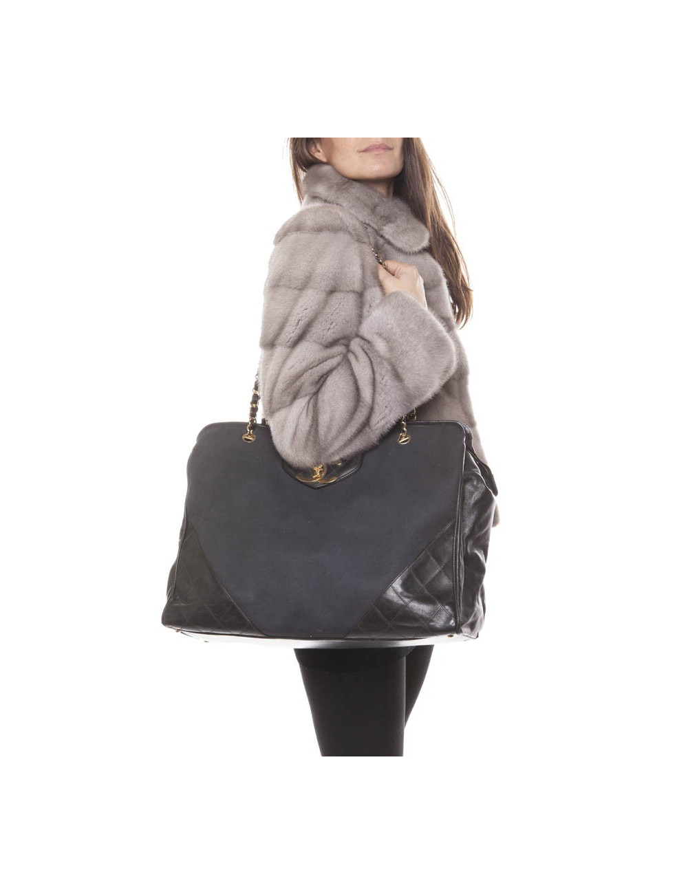 Sac vintage CHANEL toile et cuir noir