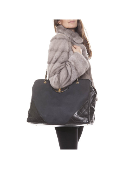 Vintage canvas and black leather CHANEL bag