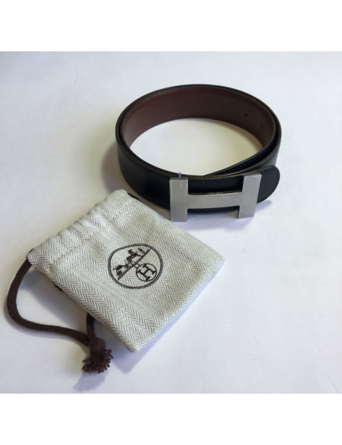 Ceinture H HERMES réversible en cuir noir et marron