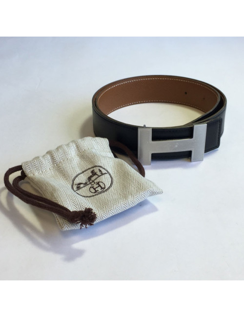Ceinture H HERMES réversible en cuir box noir et cuir courchevel gold