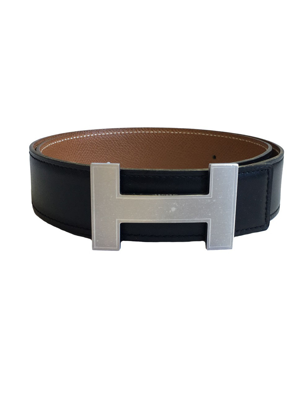 Ceinture H HERMES réversible en cuir box noir et cuir courchevel gold