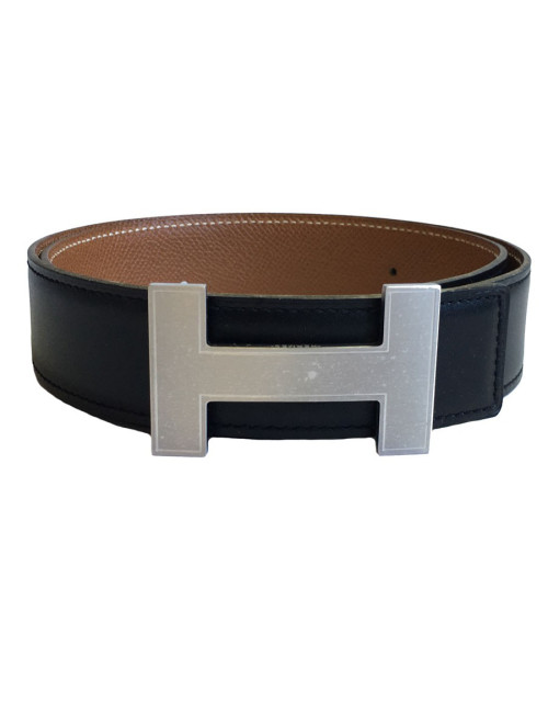 Ceinture H HERMES réversible en cuir box noir et cuir courchevel gold