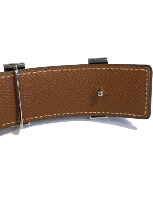 Ceinture H HERMES réversible en cuir box noir et cuir courchevel gold