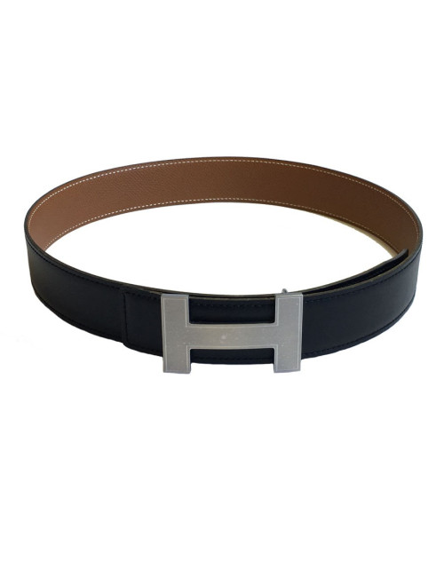 Ceinture H HERMES réversible en cuir box noir et cuir courchevel gold