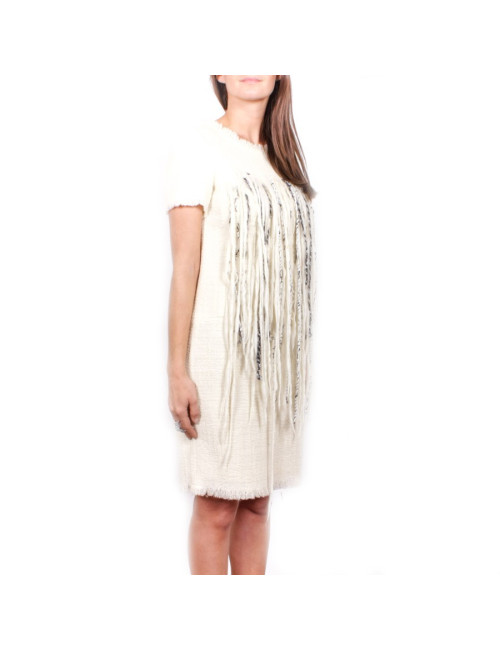 Robe CHANEL T 42 en laine crème et fils noirs