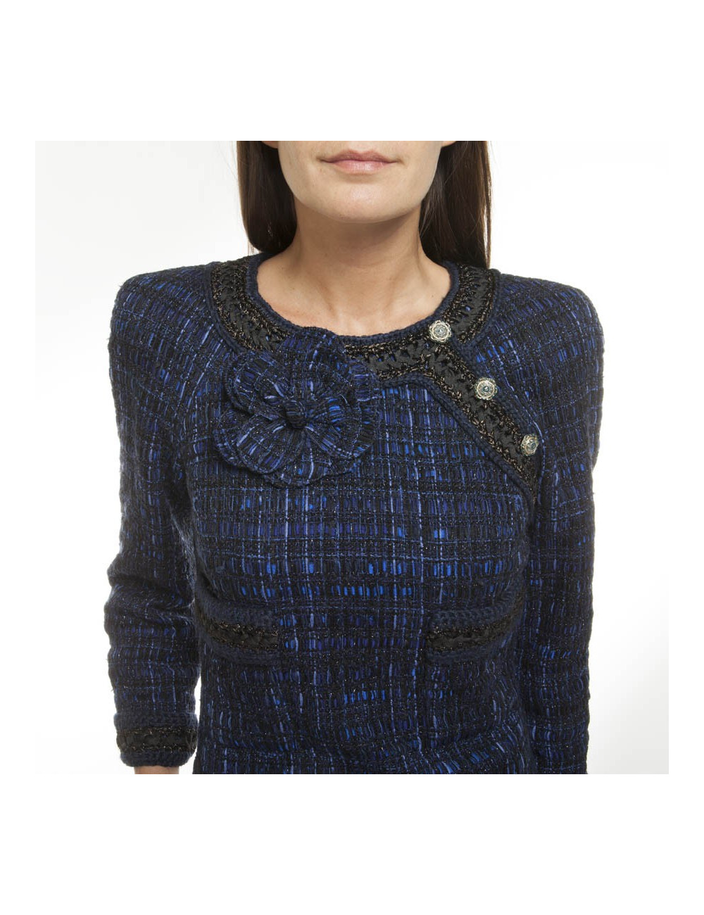 CHANEL 'Paris-Shanghai' dress in silk blue tweed and wool size 38EU