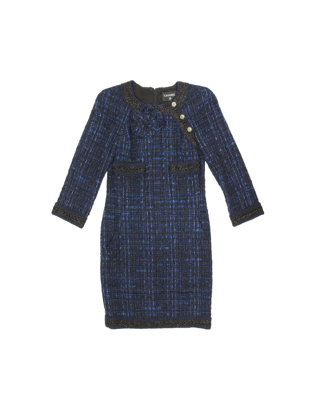 Robe CHANEL T38 "Paris-Shanghaï"en tweed bleu avec sa broche