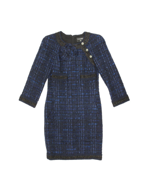 CHANEL 'Paris-Shanghai' dress in silk blue tweed and wool size 38EU