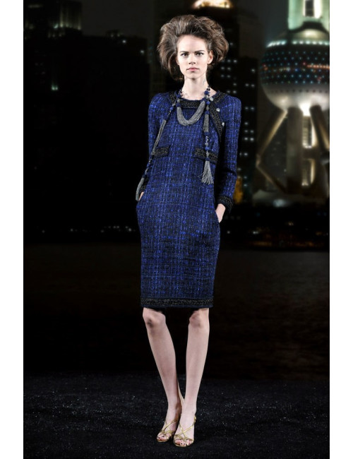 CHANEL 'Paris-Shanghai' dress in silk blue tweed and wool size 38EU