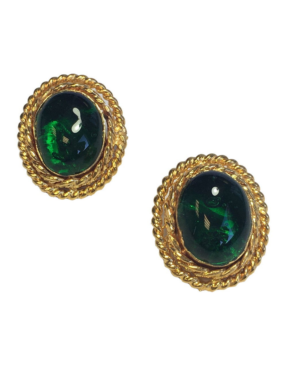 Boucles d'oreille clips CHANEL cabochon vert Vintage