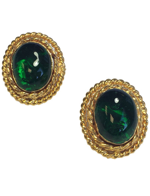 Boucles d'oreille clips CHANEL cabochon vert Vintage
