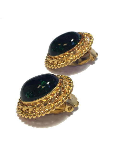 Boucles d'oreille clips CHANEL cabochon vert Vintage
