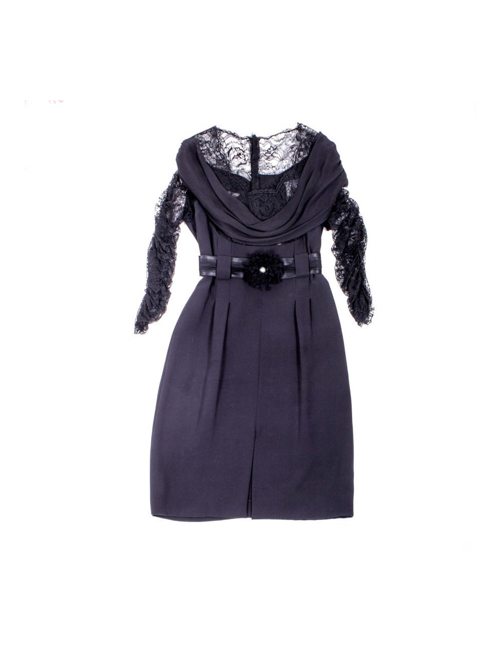 Robe de cocktail CHANEL T 36 en soie et dentelle noire