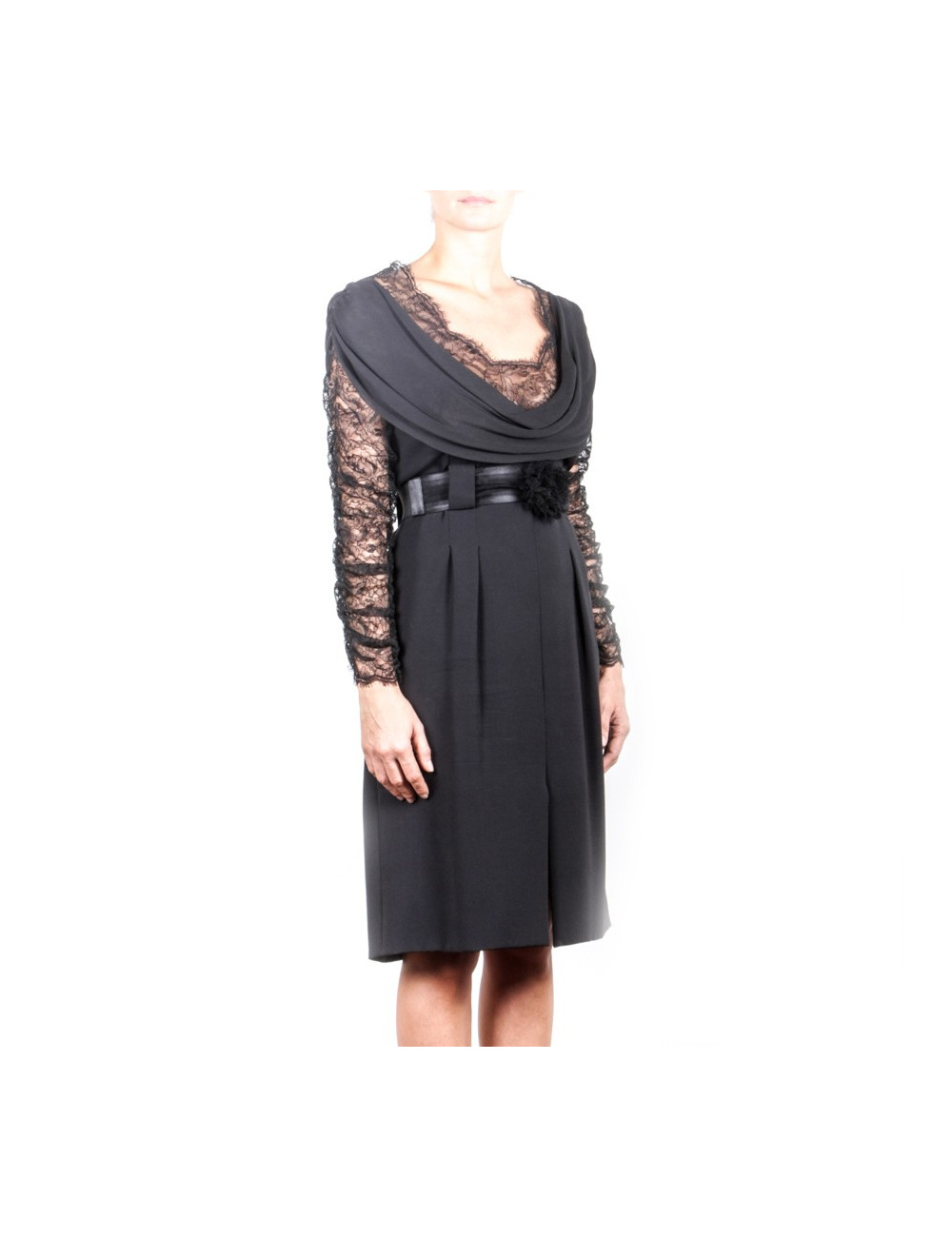 Robe de cocktail CHANEL T 36 en soie et dentelle noire