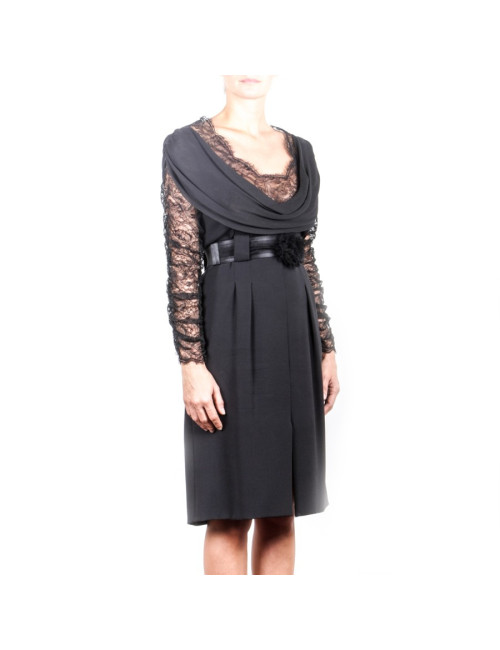 CHANEL T 38 cocktail silk and Black Lace dress