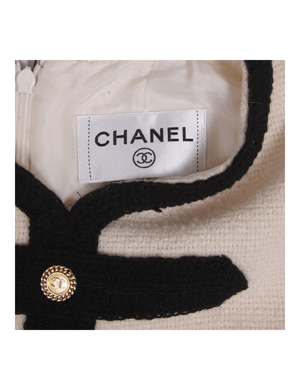 CHANEL T 38 EN ivory and black tweed dress