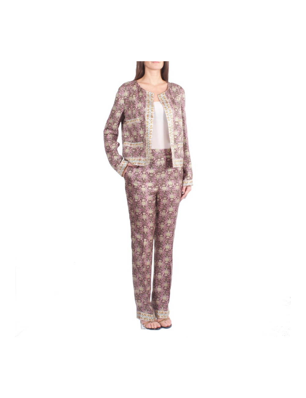 Ensemble veste et pantalon ROCHAS T 44 IT/ 40 FR en soie imprimé rose et marron