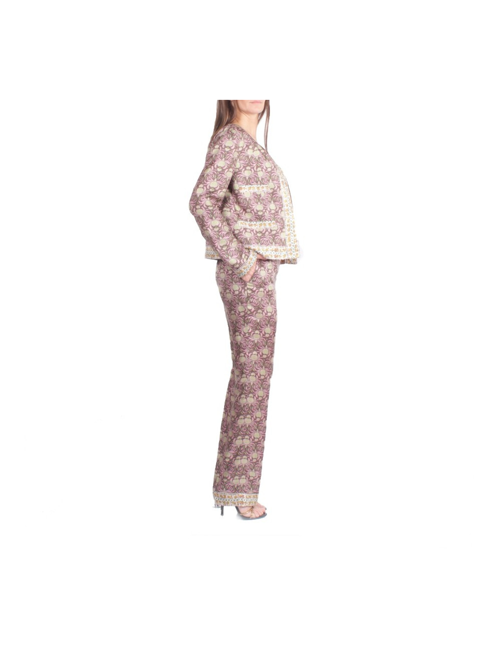 All jacket and pants ROCHAS T 44 IT / EN 40 silk printed pink and Brown