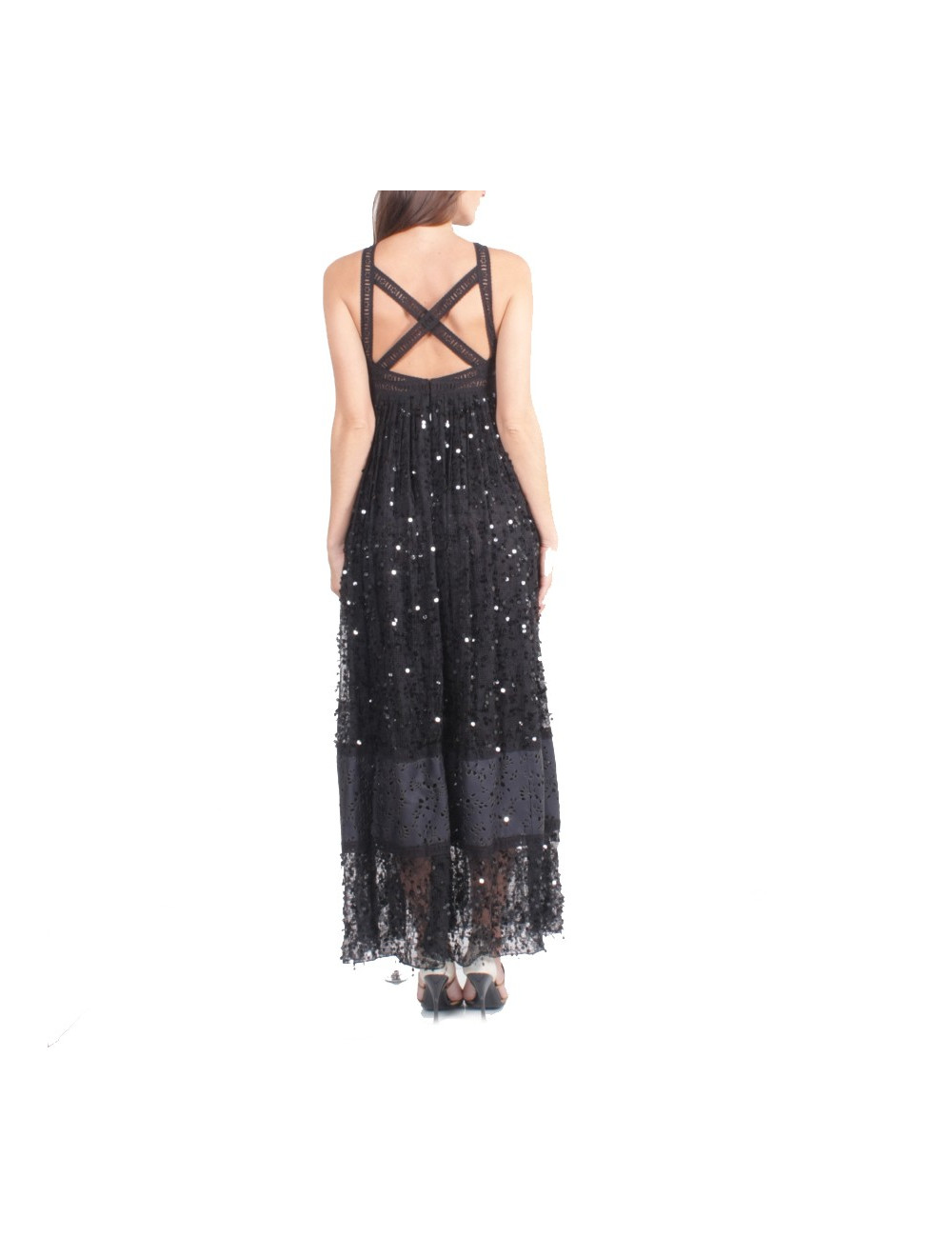 Robe du soir CHANEL  T 36 noire en soie et cuir 