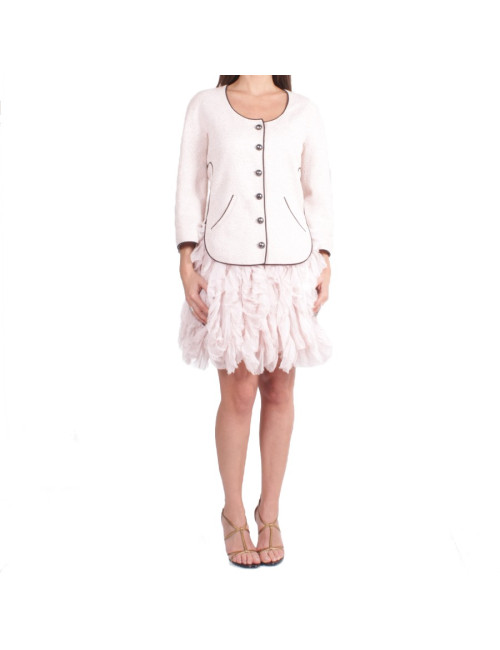 Ensemble CHANEL T 38 tweed rose et jupe en voile de soie