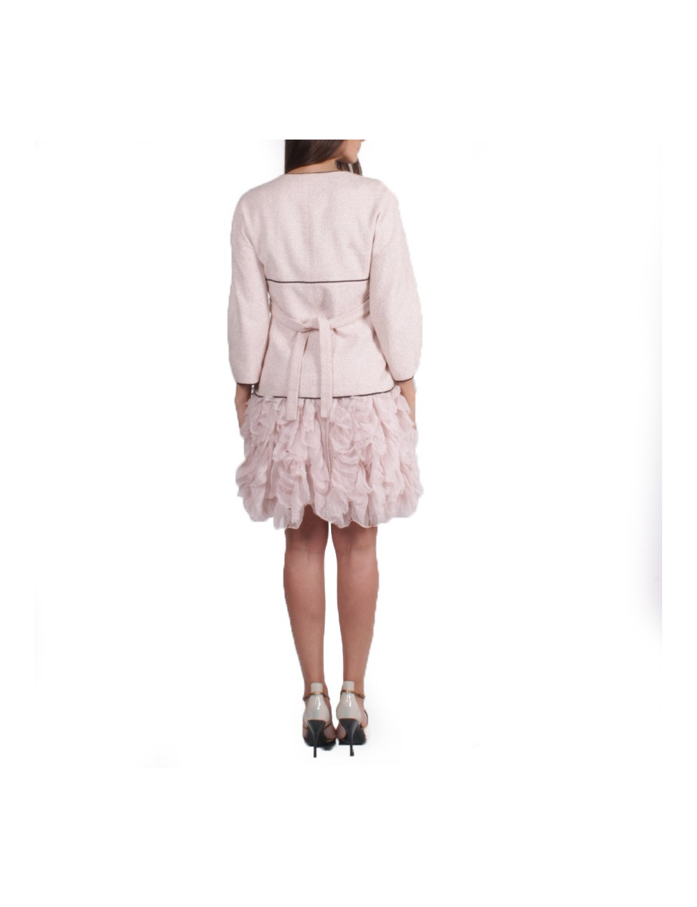 Ensemble CHANEL T 38 tweed rose et jupe en voile de soie