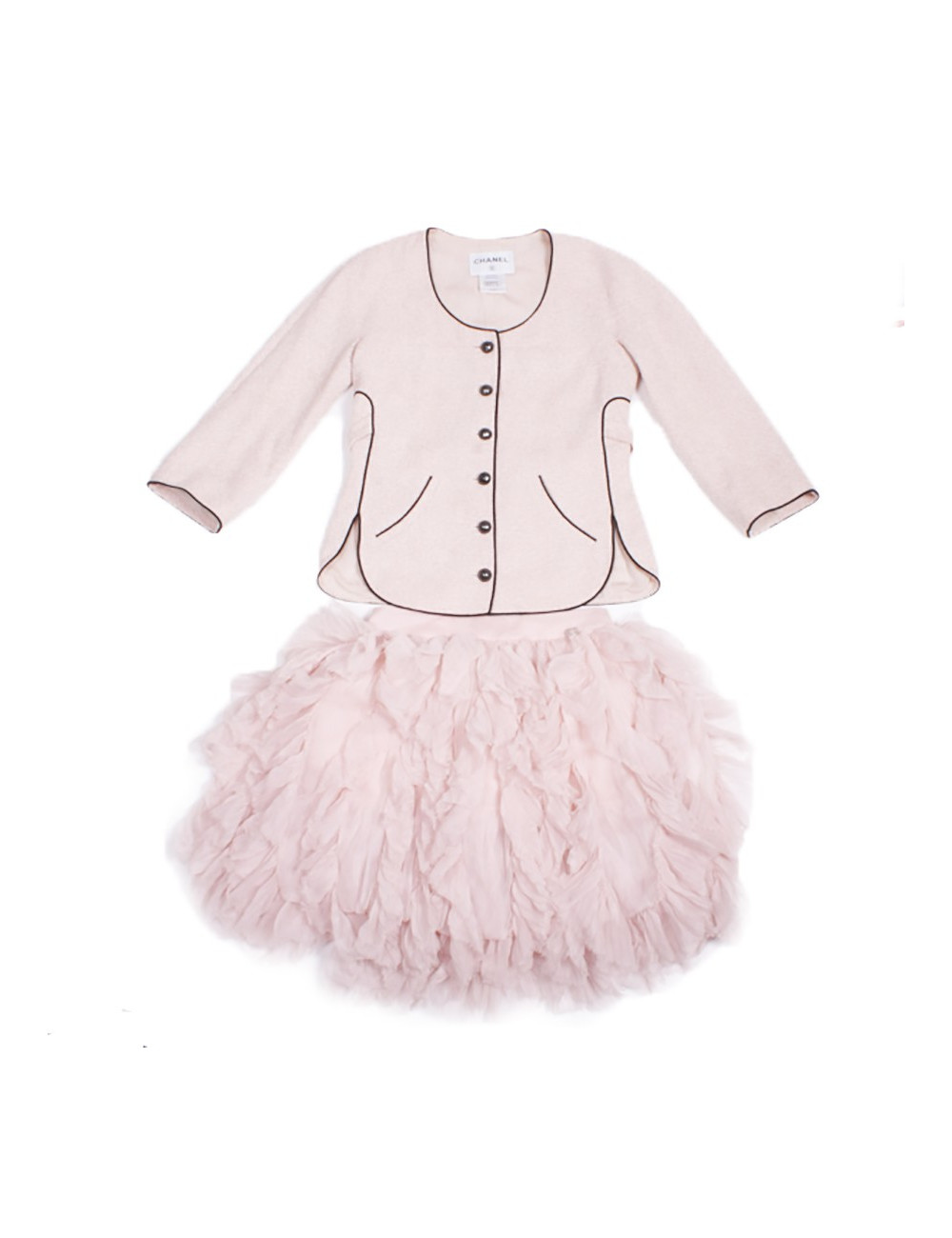 Ensemble CHANEL T 38 tweed rose et jupe en voile de soie