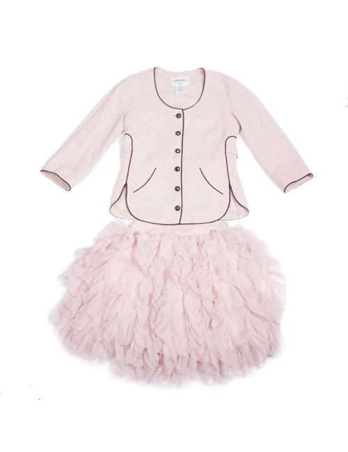 Ensemble CHANEL T 38 tweed rose et jupe en voile de soie