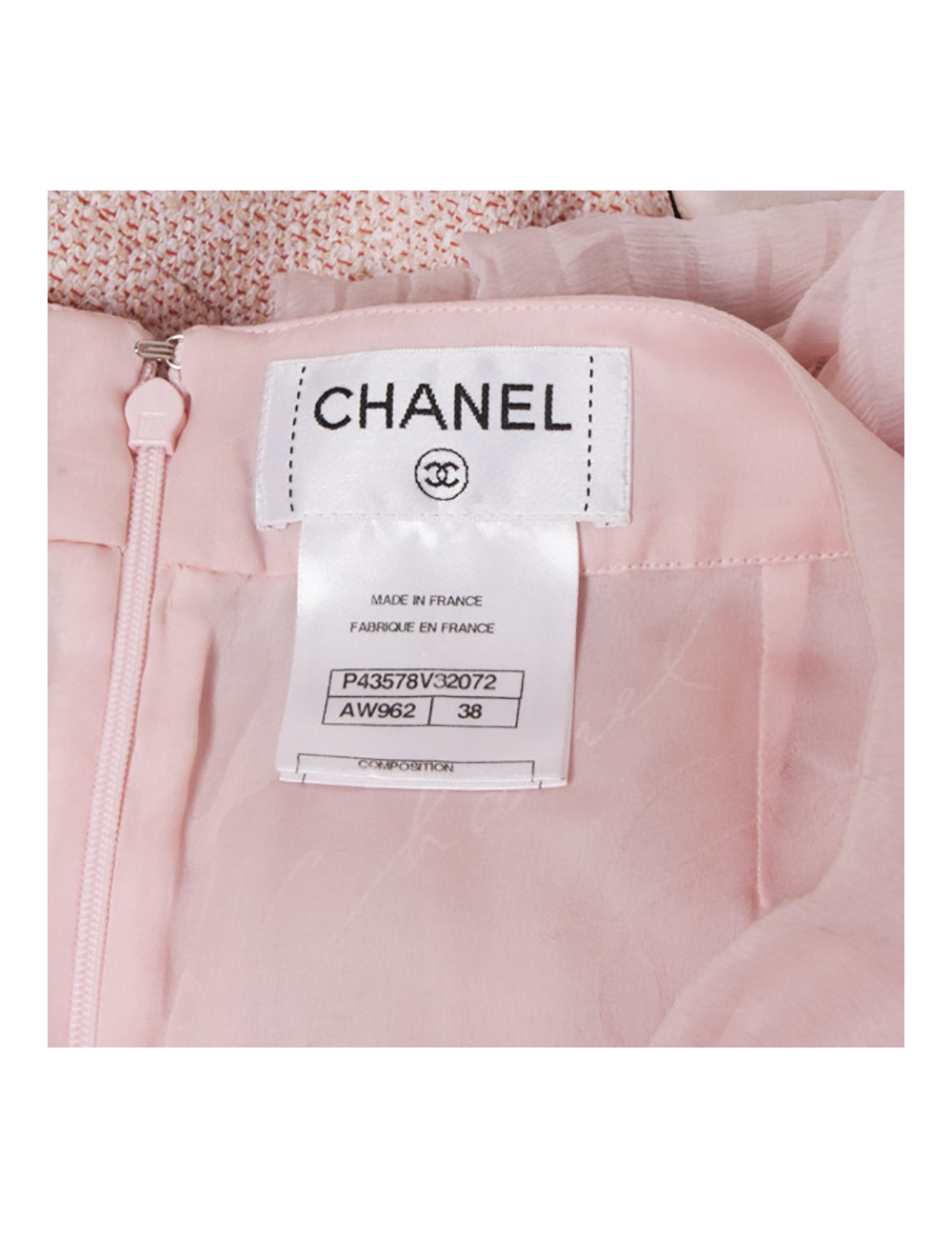 Ensemble CHANEL T 38 tweed rose et jupe en voile de soie
