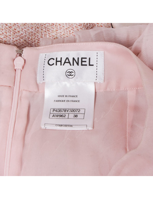 Ensemble CHANEL T 38 tweed rose et jupe en voile de soie