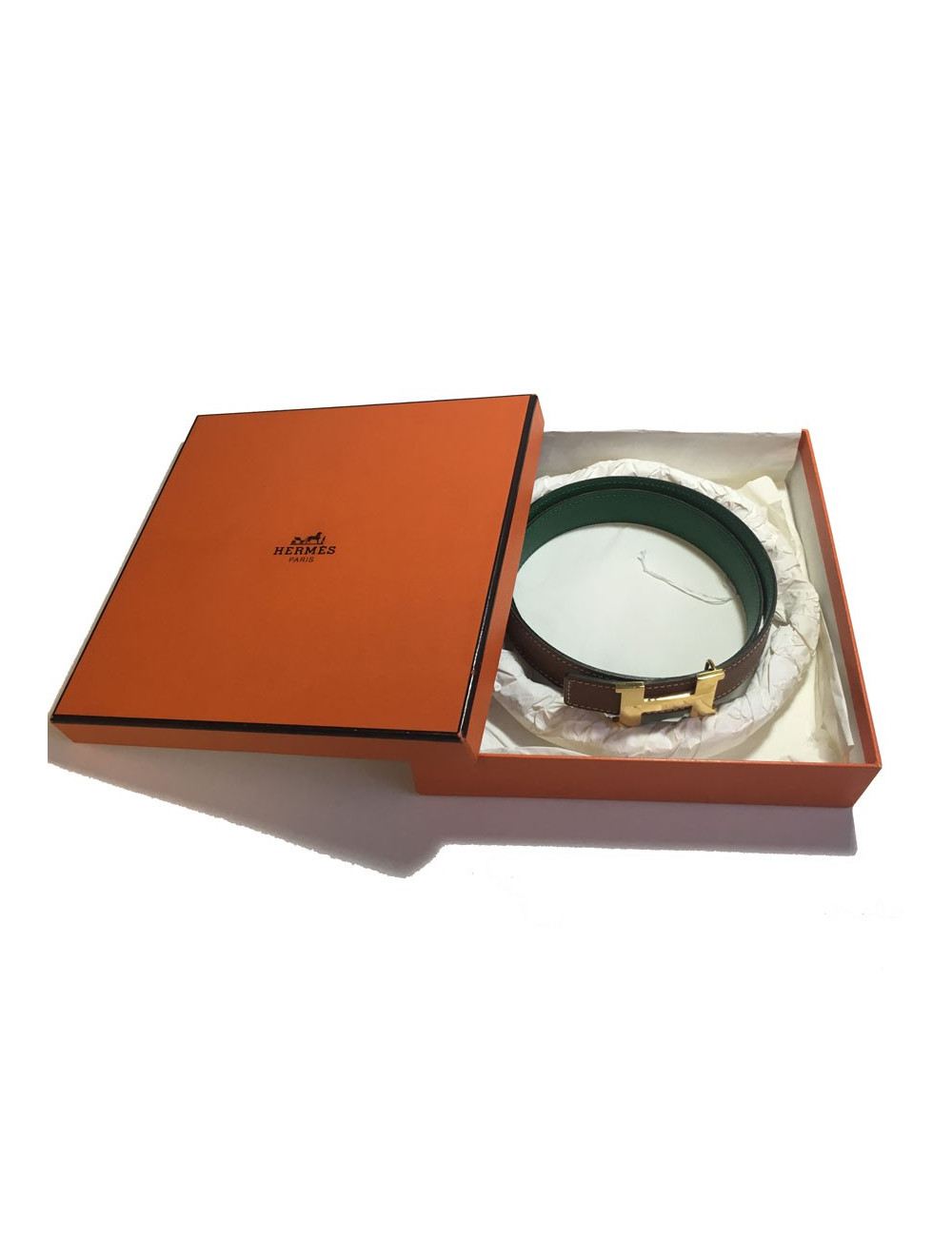 xxx Ceinture HERMÈS réversible en cuir grainé marron et vert Taille 70