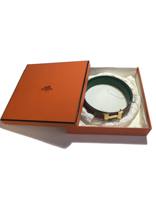 xxx Ceinture HERMÈS réversible en cuir grainé marron et vert Taille 70