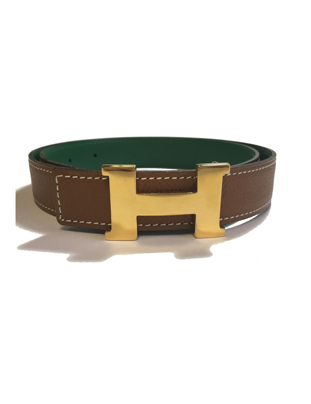 xxx Ceinture HERMÈS réversible en cuir grainé marron et vert Taille 70