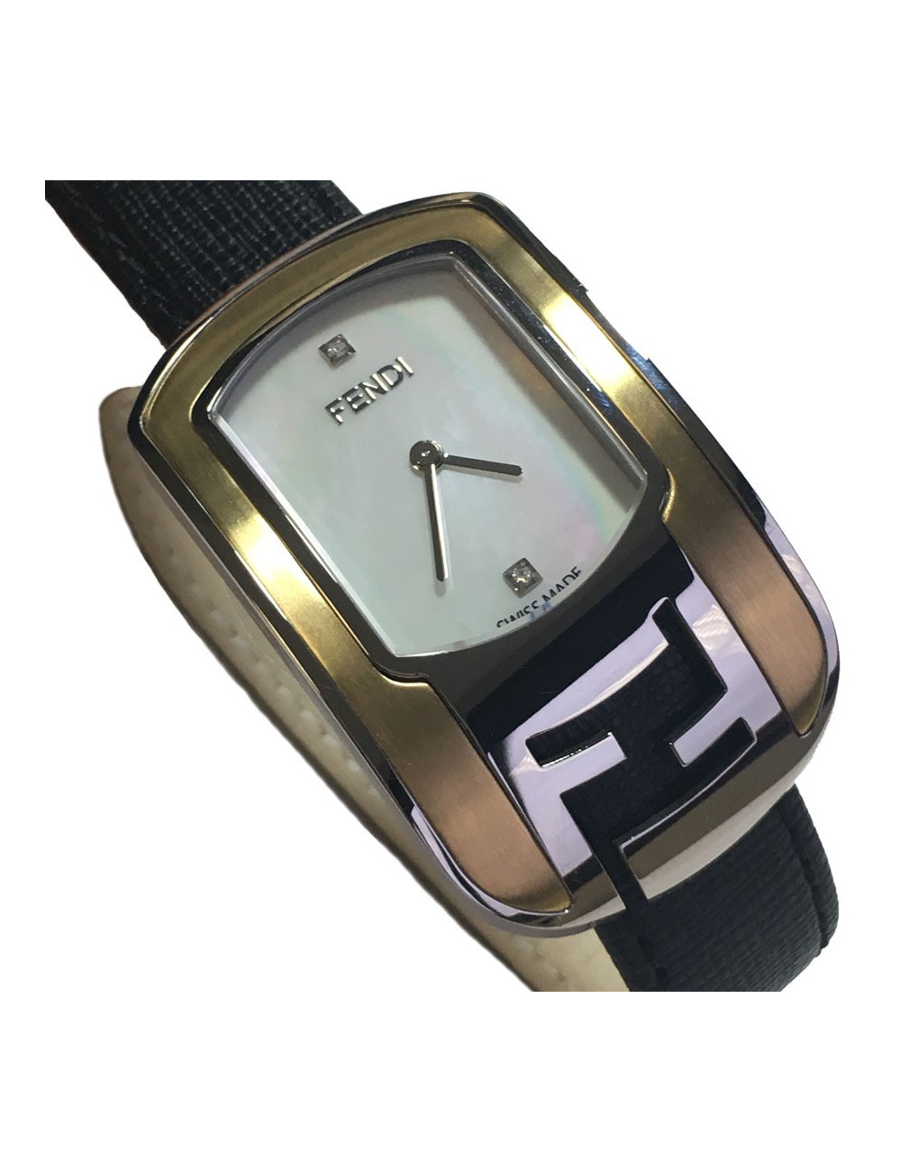 Montre FENDI collection Caméléon en cuir noir et métal doré