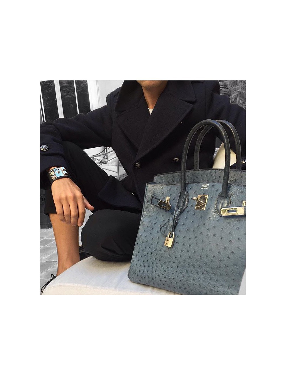 Sac Birkin 35 autruche bleu jean's