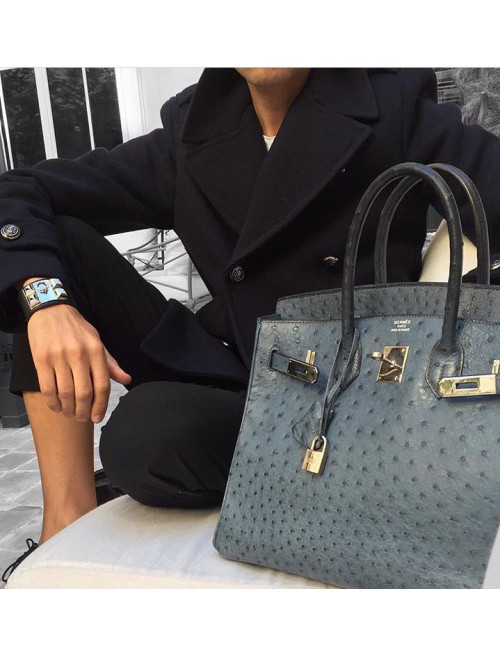 Sac Birkin 35 autruche bleu jean's